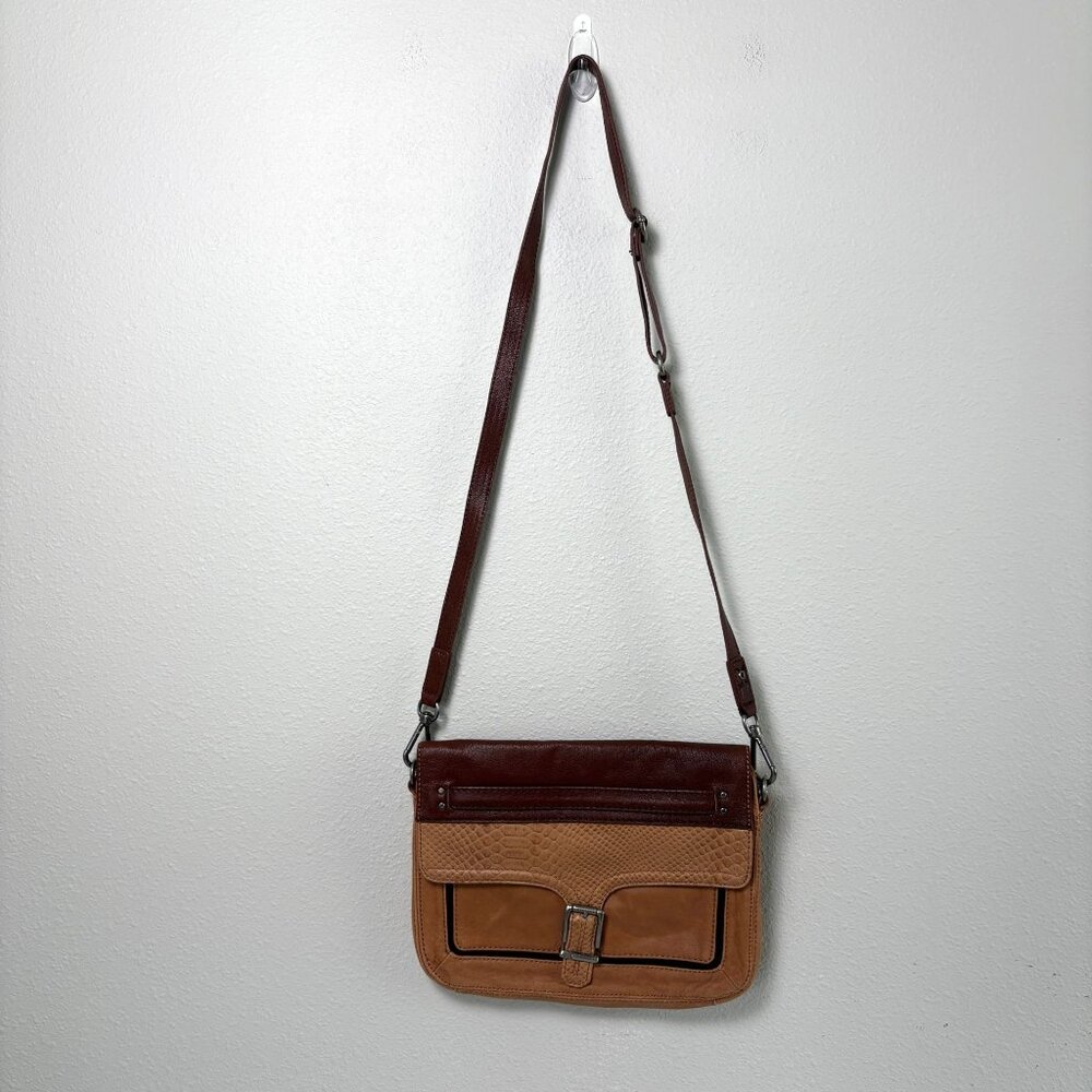 The Sak Bag Two Tone Brown Leather Snake Skin Print Snap Closure Crossbody Purse